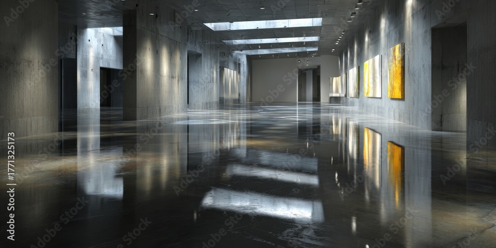 Fototapeta premium Modern art gallery interior with polished concrete reflections