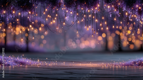 A dreamy, twilight scene with warm hanging bulbs and delicate purple foliage