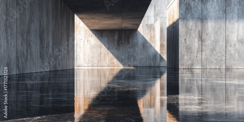Minimal concrete hallway with reflections and sunlight