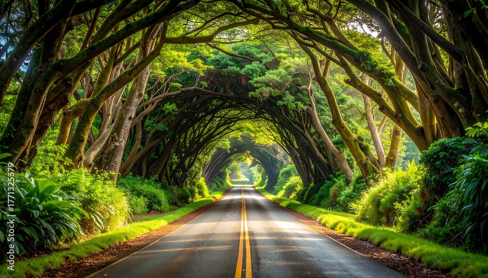 Obraz premium Road Through Lush Green Tree Tunnel in Kauai, Hawaii.
