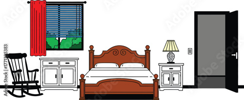 Bedroom interior design with furniture bed rocking chair and window