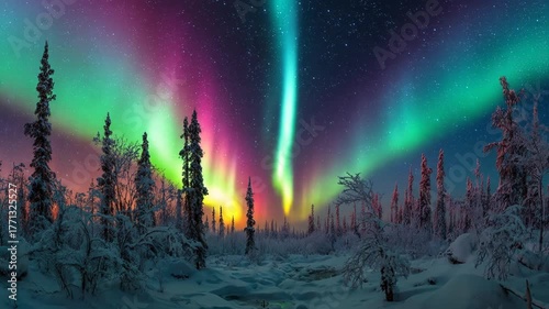 Spectacular aurora borealis illuminates snowy landscape with evergreen trees