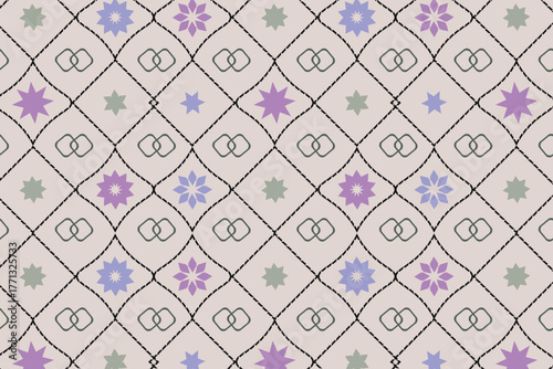 A modern Moroccan geometric seamless pattern blending traditional star and polygon motifs with smooth color for elegant cultural interiors and textile designs