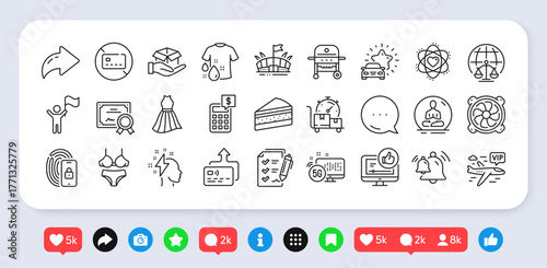 Wash t-shirt, Cake and Hold box line icons pack. Social media: share, comment, like icons. Car review, Arena, Leadership web icon. Certificate, Card, Vip flight pictogram. Vector