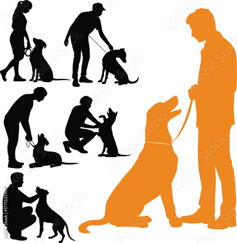 Dog training silhouette illustration showing trainer with obedient pet, leash control, sitting dog, and positive communication concept, animal behavior education vector