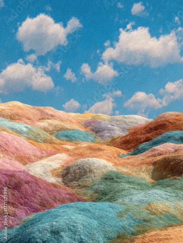 Surreal colorful hills under bright blue sky with clouds