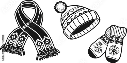 A collection of winter accessories is depicted in a black and white line art style. The items are arranged against a blank background. The composition includes a scarf draped elegantly with tasseled e