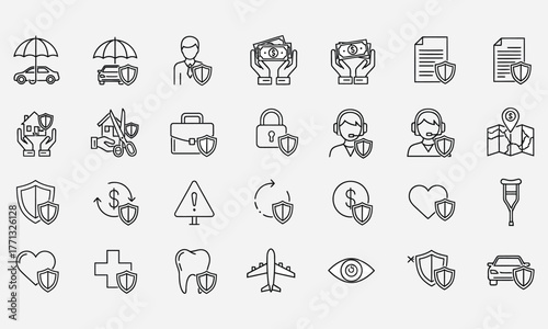 A comprehensive set of thin line icons representing various insurance services like health, life, property, travel, and financial protection