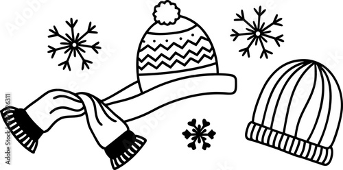 A collection of winter accessories is depicted in a black and white line art style. The items are arranged against a blank background. The composition includes a scarf draped elegantly with tasseled e