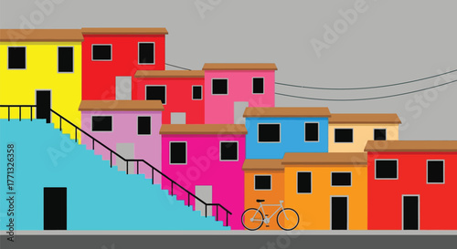 Colorful houses stairs bicycle vector illustration bright design