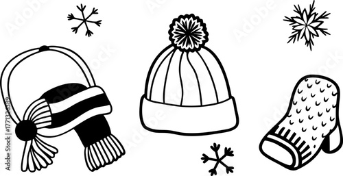 A collection of winter accessories is depicted in a black and white line art style. The items are arranged against a blank background. The composition includes a scarf draped elegantly with tasseled e