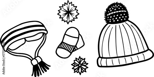 A collection of winter accessories is depicted in a black and white line art style. The items are arranged against a blank background. The composition includes a scarf draped elegantly with tasseled e