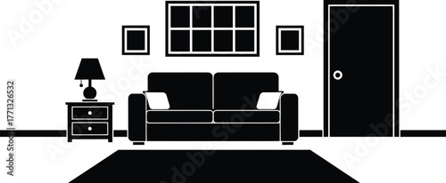 Black and white living room interior design with sofa and furniture