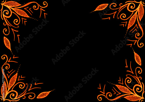 Horizontal frame. Ornament of curls, leaves, dots and other decor from the left and right sides. Different shades of orange. Black copy space. Invitation, postcard, certificate. Elegant and delicate.