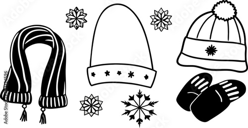 A collection of winter accessories is depicted in a black and white line art style. The items are arranged against a blank background. The composition includes a scarf draped elegantly with tasseled e