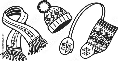 A collection of winter accessories is depicted in a black and white line art style. The items are arranged against a blank background. The composition includes a scarf draped elegantly with tasseled e