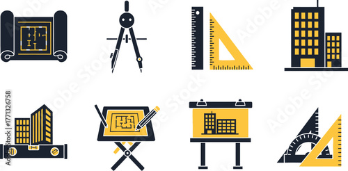 Architecture blueprint design tools building construction icons set