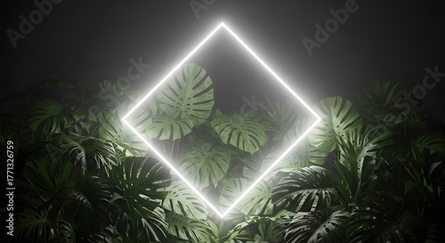Glowing White Neon Rhombus Frame Centered Above Dense Tropical Monstera Leaves, Mystical Foggy Jungle Background, Futuristic Nature Display, Modern Digital Art Scene