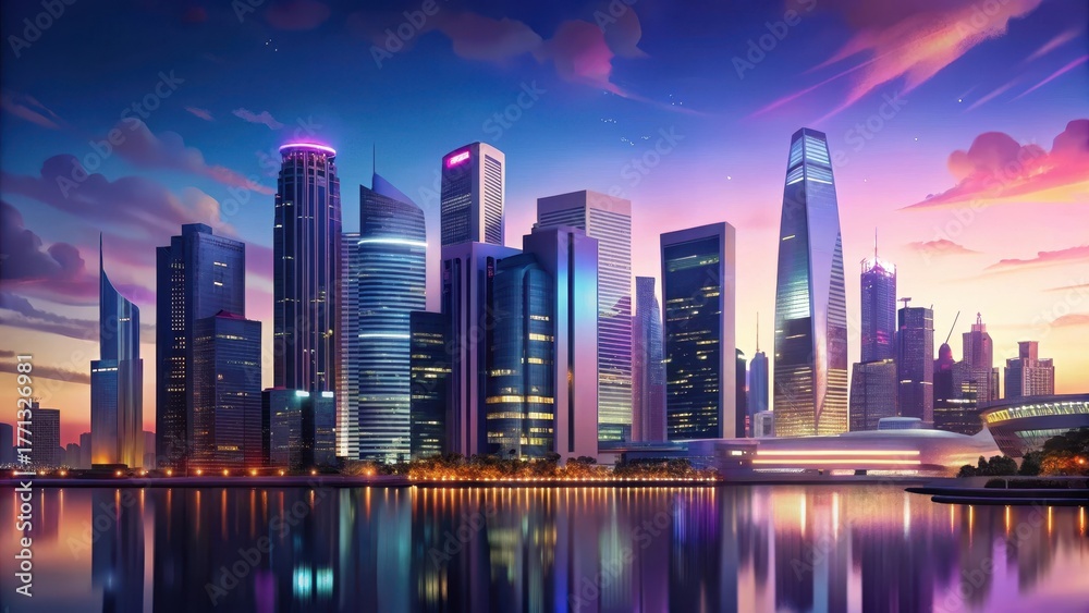 Fototapeta premium Singapore skyline at dusk with modern skyscrapers surrounding Marina Bay