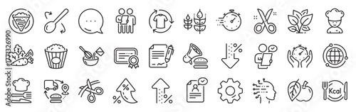 Chef hat, Customer survey, Fast delivery line icons. Settings gear, Message, Inflation icons. Approved application, Scissors cutting ribbon, Artificial intelligence icons. Vector