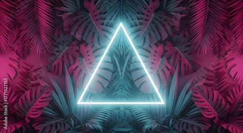 Symmetrical Composition of Glowing Neon Triangle Frame Amidst Dense Tropical Leaves, Vibrant Pink and Cyan Lighting, Futuristic Nature Backdrop, Modern Digital Art Wallpaper Background