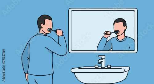 Man brushing teeth in bathroom morning routine oral hygiene concept
