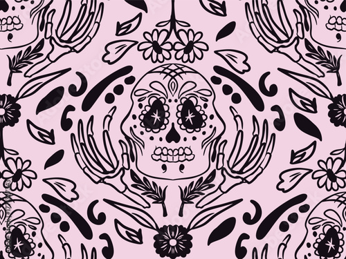 Seamless black sugar skull and floral illustration on pink background, inspired by Mexican Day of the Dead and folk art design.