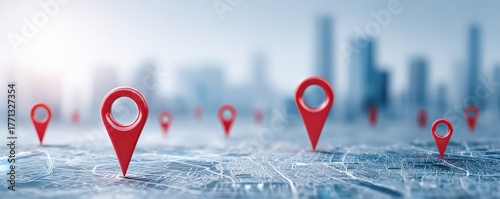 A network of red location pins on a digital map, symbolizing navigation and connectivity in an urban environment.