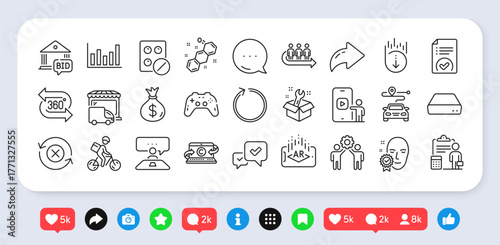 Chemical formula, Loop and Spanner line icons pack. Social media: share, comment, like icons. Mini pc, Copywriting notebook, Delivery truck web icon. Vector