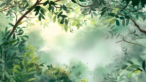 Lush verdant forest canopy with delicate foliage and d d sunlight filtering through the branches creating a tranquil and enchanting natural atmosphere