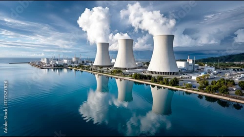 Nuclear power generation plant cooling towers emit white steam into sky over deep blue water reflection.