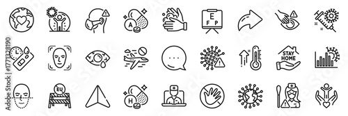 Nurse, Volunteer and Coronavirus line icons pack. Share, Message, Paper plane icons. Do not touch, Donation, Face detection web icon. Vitamin a, Covid virus, Eu close borders pictogram. Vector