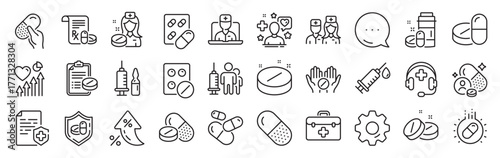 Medical drugs line icons. Settings gear, Message, Inflation icons. Healthcare, Prescription and Pill signs. Pharmacy drugs, medical nurse, recipe pill icons. Vector