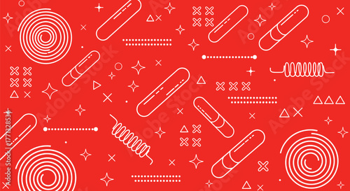 Abstract red background with geometric shapes and line art design