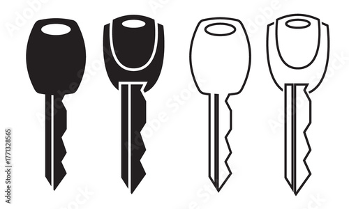 Black and white car key icons.  Motorcycle, bike and car key icon. Minimalist illustration showing four simple key icons in black and white, representing access, security, and password concepts.
