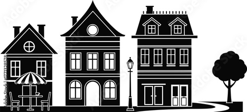 Vector town illustration with buildings houses and street cafe scene