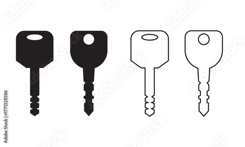 Black and white car key icons.  Motorcycle, bike and car key icon. Minimalist illustration showing four simple key icons in black and white, representing access, security, and password concepts.
