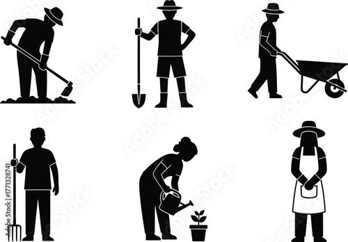 Gardening vector icons set farmers working with garden tools isolated