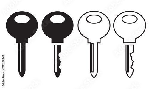 Black and white car key icons.  Motorcycle, bike and car key icon. Minimalist illustration showing four simple key icons in black and white, representing access, security, and password concepts.
