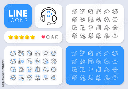 Quarantine, Medical mask and Thiamine vitamin line icons for web app. Message, Share, Like social media icons. Pack of Checklist, Wash hand, Social care pictogram icons. Vector