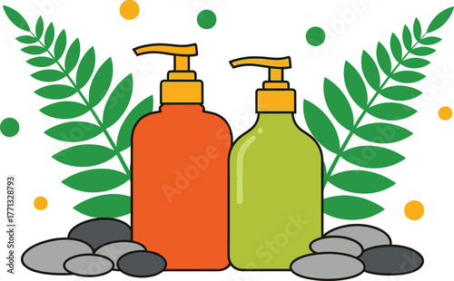 Organic shampoo and soap bottles with leaves and stones illustration