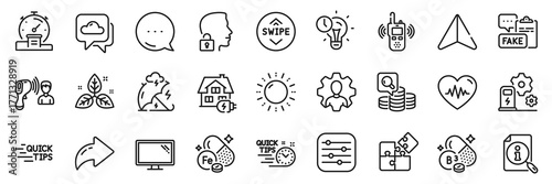 Heartbeat, Stress protection and Home charging line icons pack. Share, Message, Paper plane icons. Swipe up, Niacin vitamin, Fair trade web icon. Weather forecast, Inspect, Timer pictogram. Vector