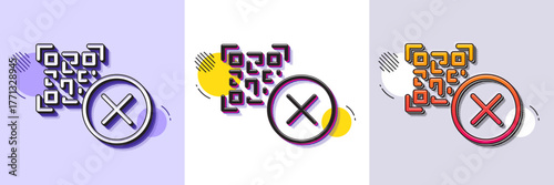 No QR code line icon. Halftone dotted pattern. Gradient icon with grain shadow. Scan barcode sign. Stop or cancel certificate symbol. Line qr code icon. Various designs. Vector