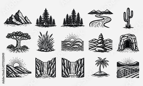 Vintage Hand-Drawn Natural Landscape Elements Set - Rustic Engraving Style Illustrations of Mountains, Forests, Rivers, and Desert Scenes