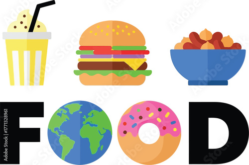 World food illustration with burger donut and shake vector graphic