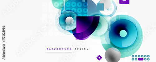 Abstract geometric shapes, vibrant colors, modern design. Circles, squares, lines create dynamic composition. Background elements suggest technology, innovation.