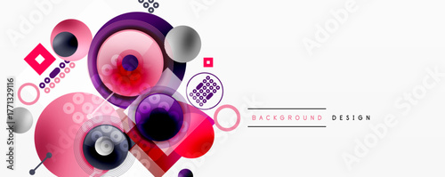 Abstract colorful shapes overlap. Circles, squares create dynamic composition. Pink, purple hues dominate design. Modern aesthetic.