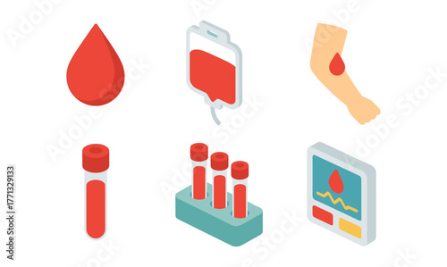 Isometric blood donation icons: medical elements and healthcare concept