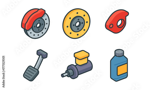 Isometric car parts set: brake discs, oil bottle, and more for auto maintenance
