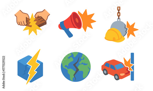 Set of isometric disaster icons including earthquake and accidents